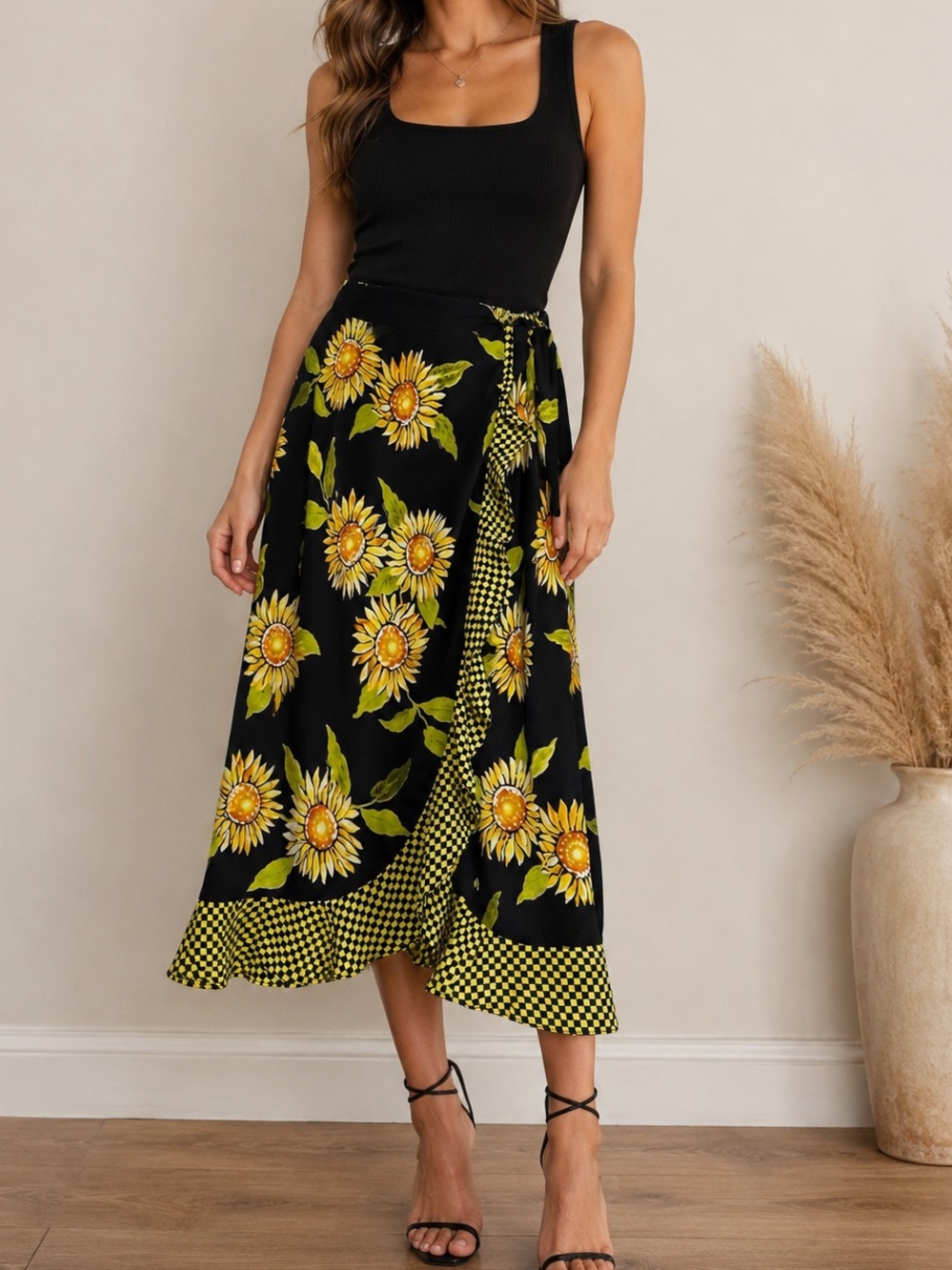 Nouveaux Sunflower Ruffle Wrap Skirt SZ 12 Black Yellow Checkered Ruffle Vintage